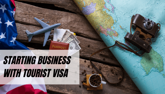 passport, miniature plane, USA flag lying on a table