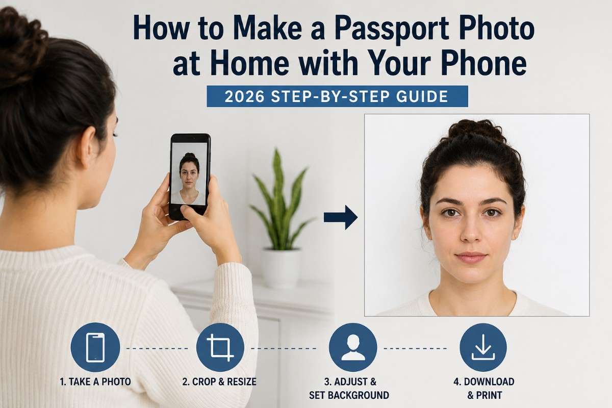 Person creating a passport photo at home using a smartphone